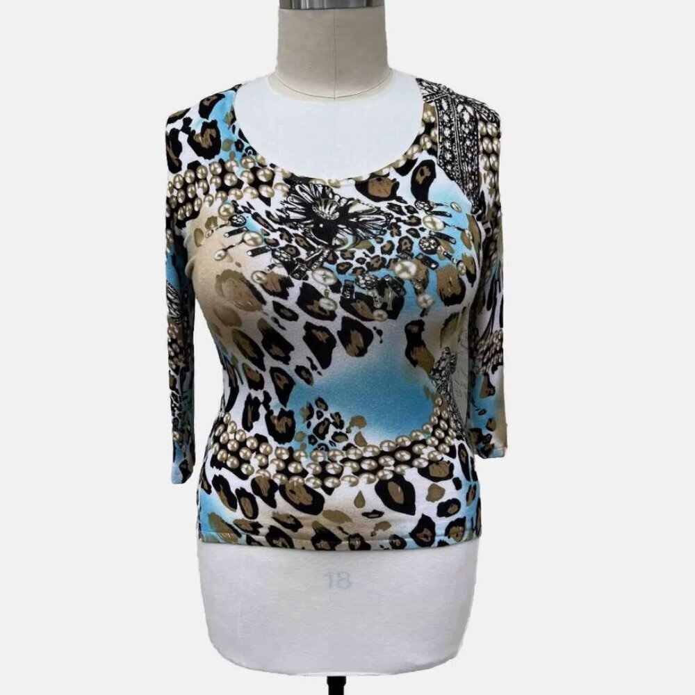 Venini | Embellished Teal Black & Gold Animal Print Top